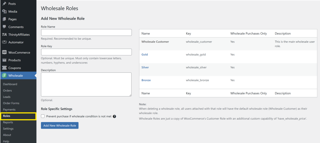 Wholesale Suite roles panel showing existing roles like wholesale customer, gold, silver, and bronze 