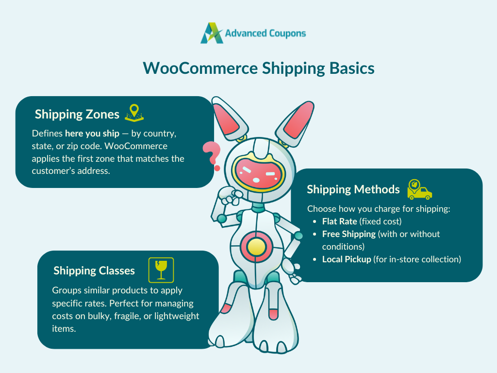 woocommerce-shipping-basic-concepts - Advanced Coupons Infographic explaining WooCommerce Shipping Zones, Methods, and Classes