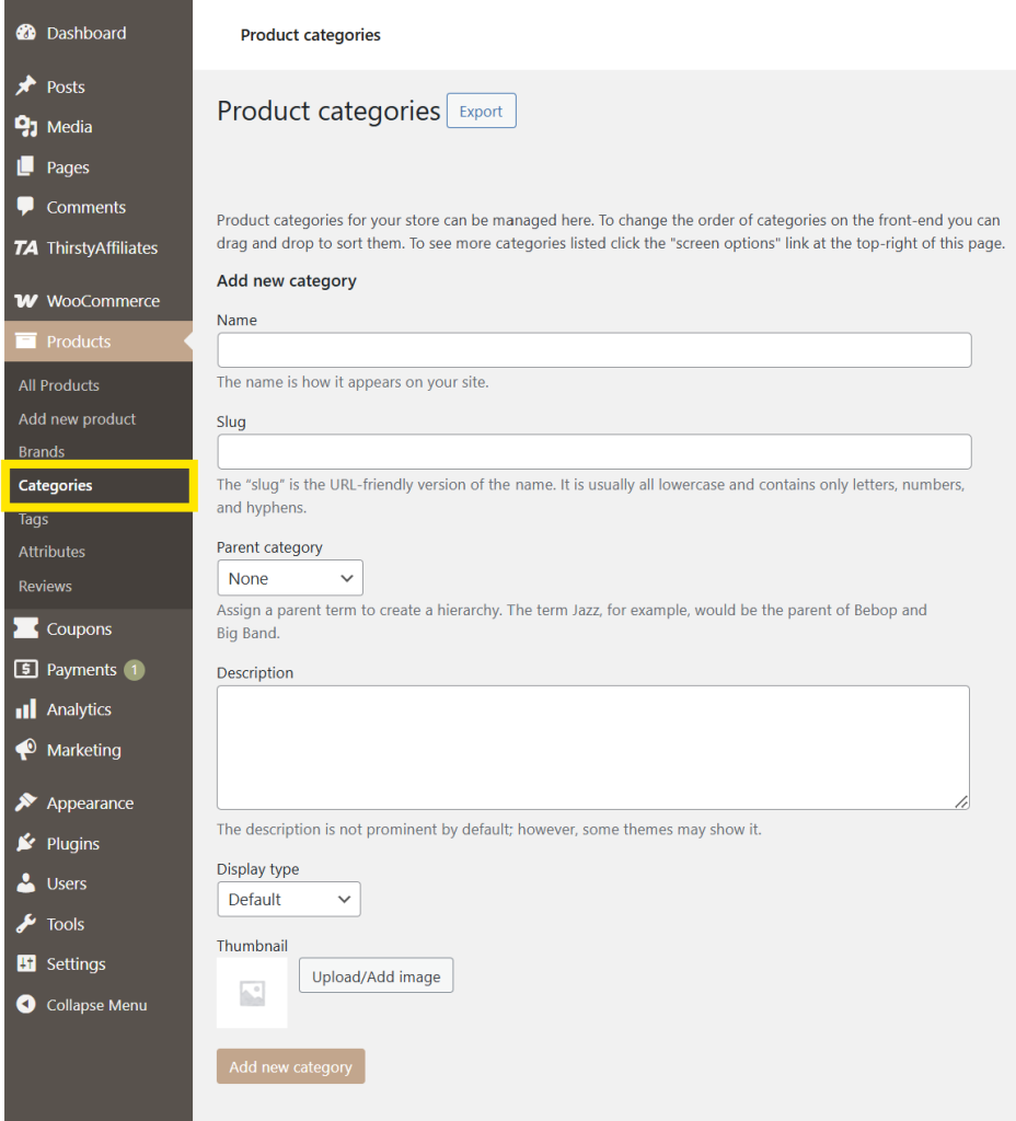 WooCommerce dashboard with the Categories tab highlighted under Products
