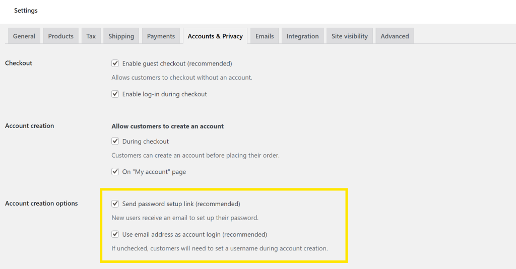 WooCommerce options for sending password setup emails and using email addresses as login credentials