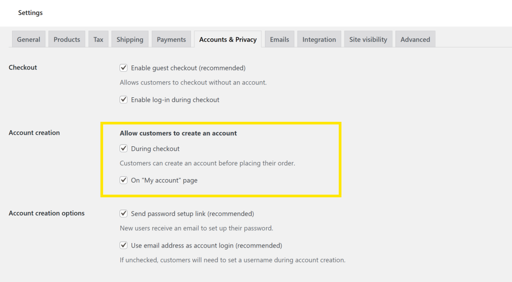 WooCommerce setting that allows customers to create an account during checkout or from the My Account page
