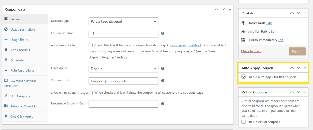 WooCommerce coupon settings with the auto-apply option selected for guest-specific discounts