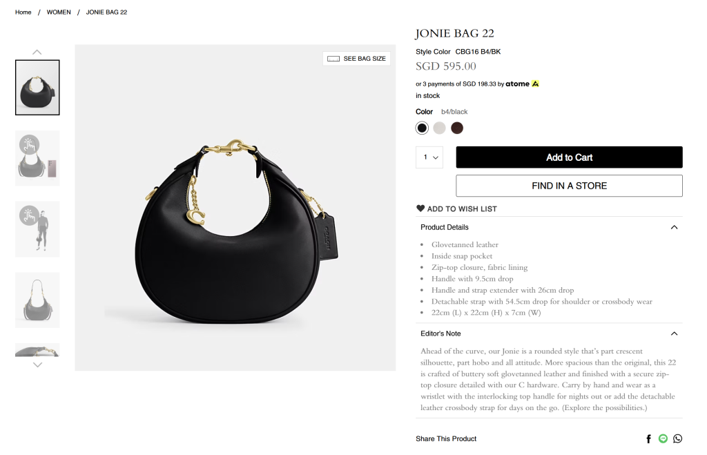 Coach bag product listing showing detailed specs, zoomable images, and descriptive editor’s note for shopper clarity