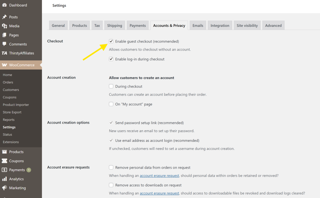 enable-guest-checkout - Advanced Coupons WooCommerce settings panel showing the checkbox to enable guest checkout for customers