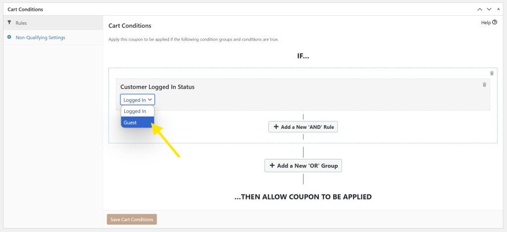 Advanced Coupons cart condition settings showing the option to target guest users only