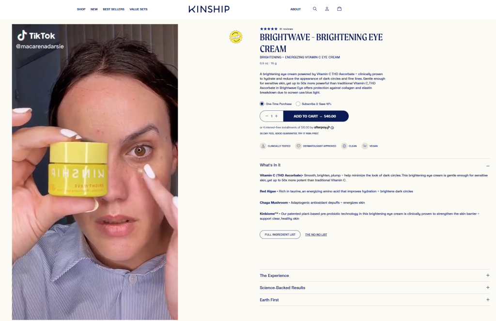 Screenshot of Kinship product page featuring TikTok UGC and detailed ingredient breakdown for eye cream
