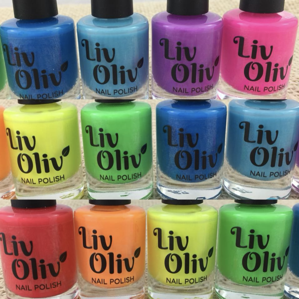 Stacked rows of LivOliv nail polish bottles in neon shades including green, pink, yellow, and blue