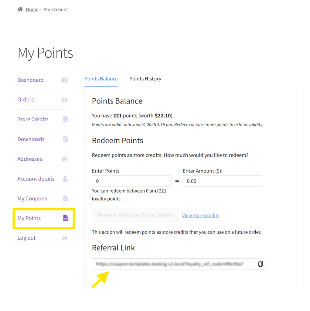 my-points-account-area - Advanced Coupons WooCommerce My Points page showing points balance, store credits redemption, and referral link section
