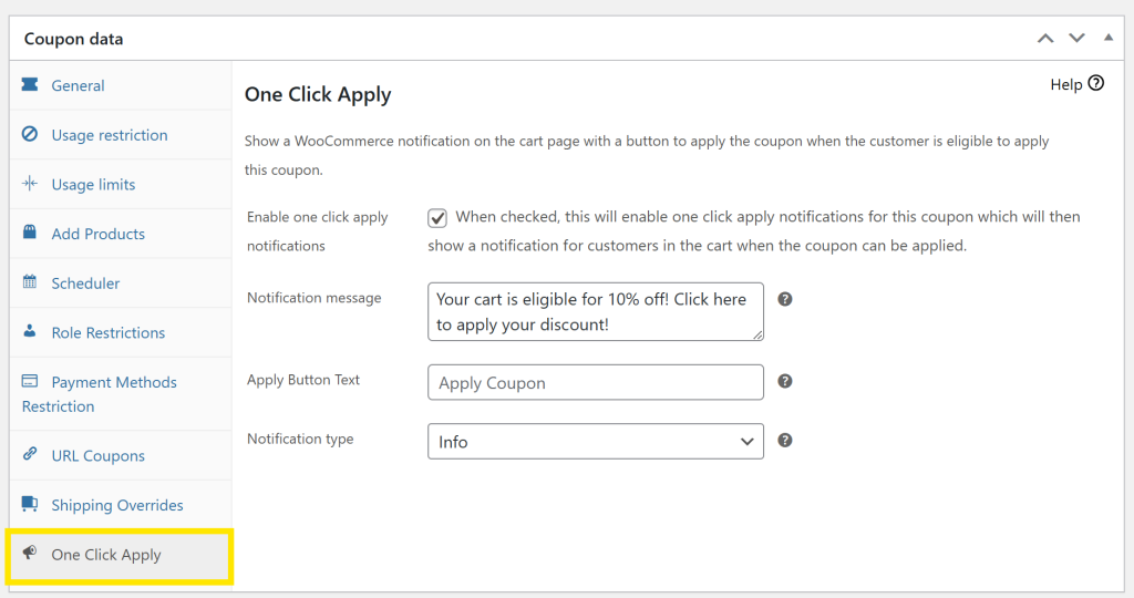 One Click Apply settings in Advanced Coupons showing notification setup for eligible carts