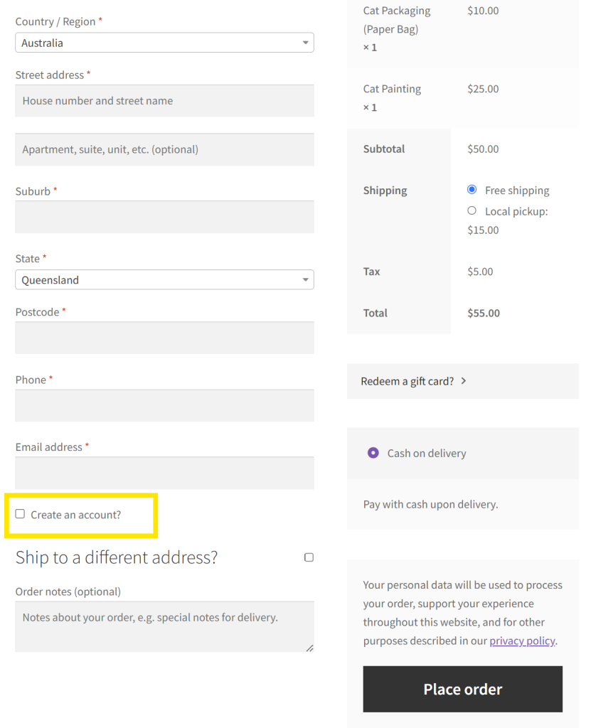 WooCommerce checkout page with an optional checkbox for customers to create an account