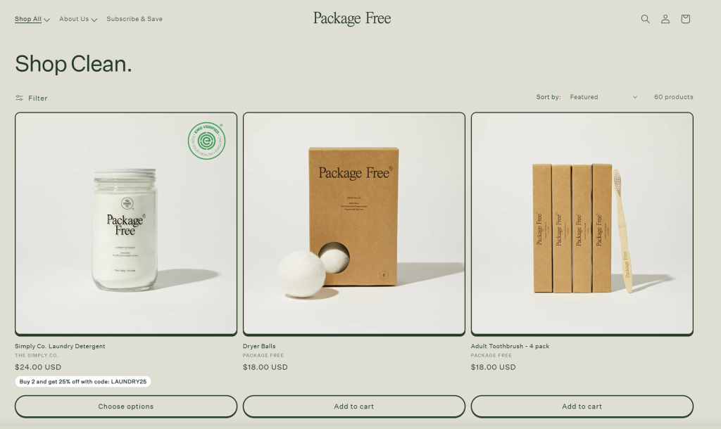 package-free - Advanced Coupons Minimalist eco-friendly products from Package Free, including detergent, dryer balls, and bamboo toothbrushes