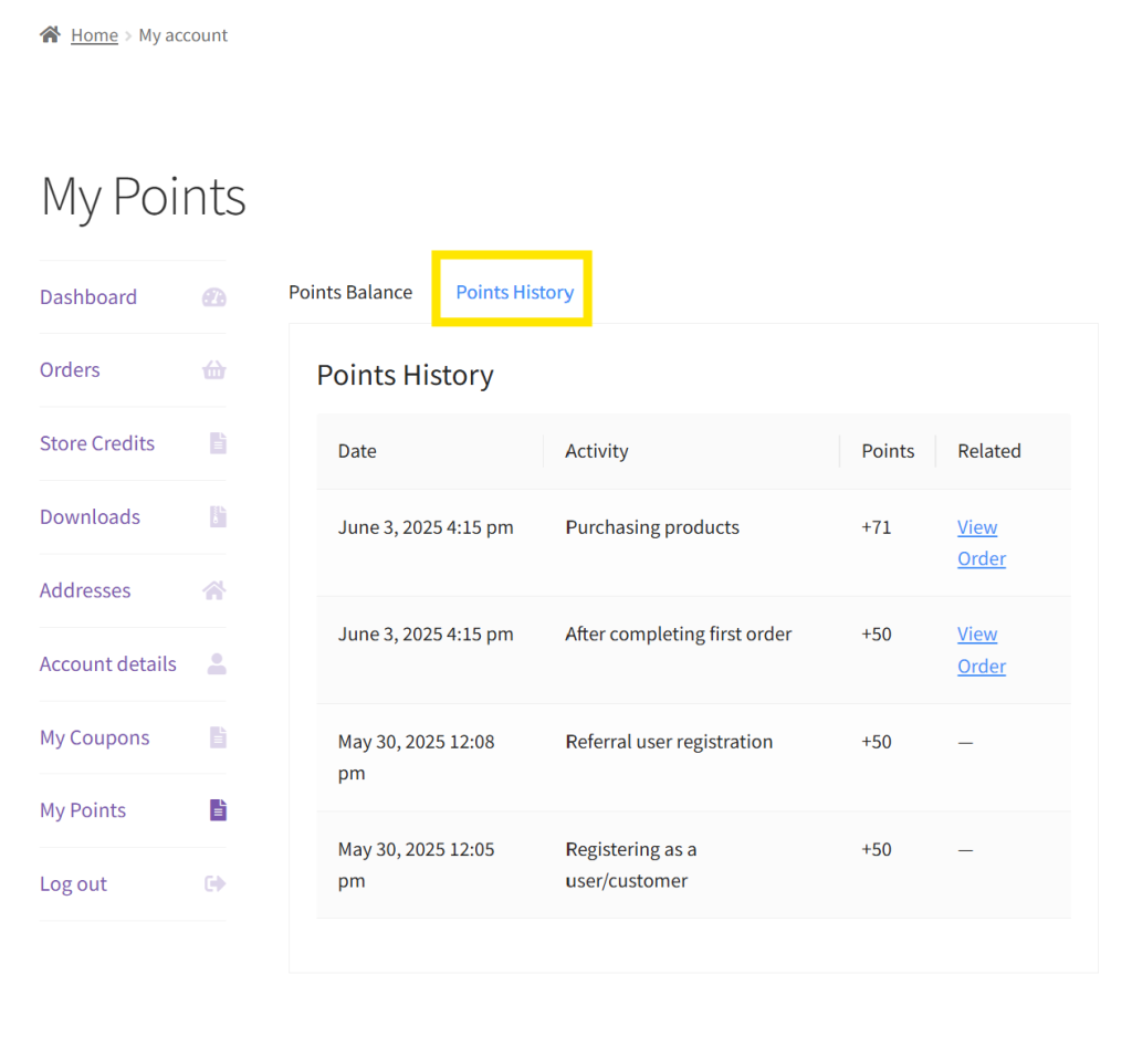 points-history-example - Advanced Coupons WooCommerce Points History tab showing a list of point-earning activities and related details