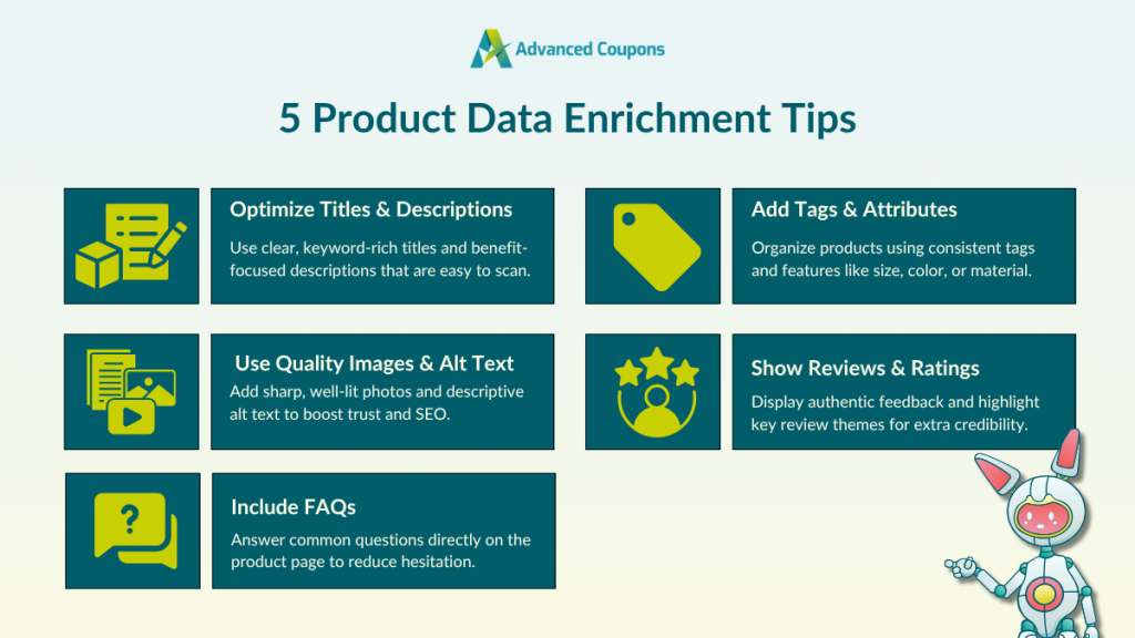 Infographic listing 5 product data enrichment tips including optimized titles, images, tags, reviews, and FAQs