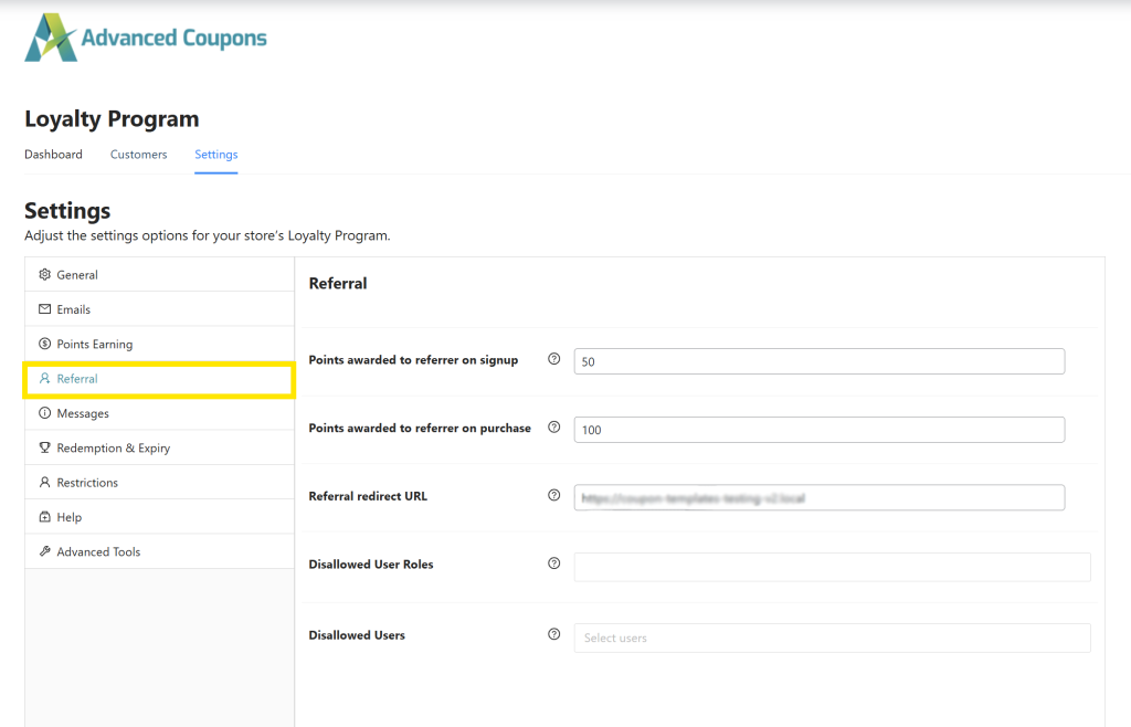 referral-settings - Advanced Coupons WooCommerce loyalty program Referral tab showing settings for points awarded on signup and purchase, redirect URL, disallowed roles, and disallowed users