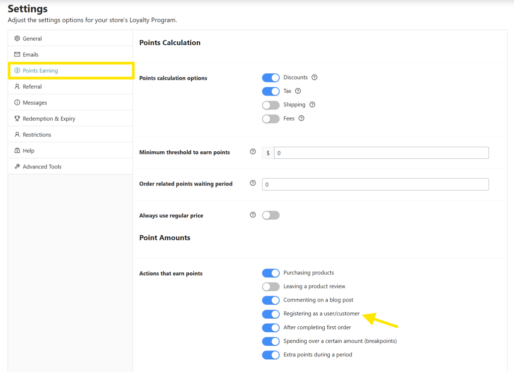  WooCommerce Points Earning settings showing option to award points for registering as a user or customer