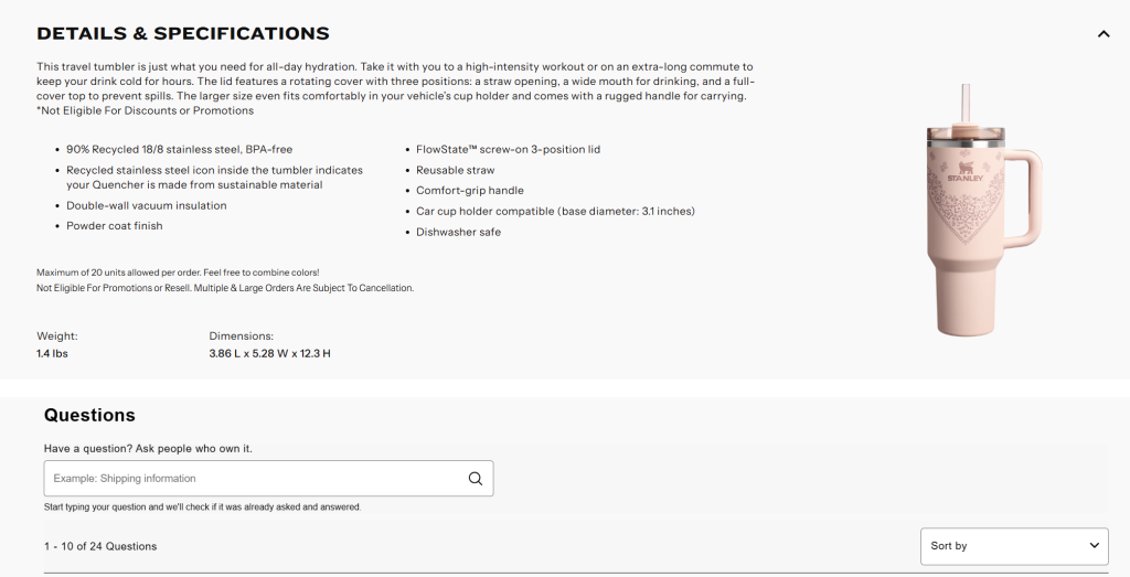 Stanley tumbler listing featuring product specs, sustainability notes, and a customer Q&A section
