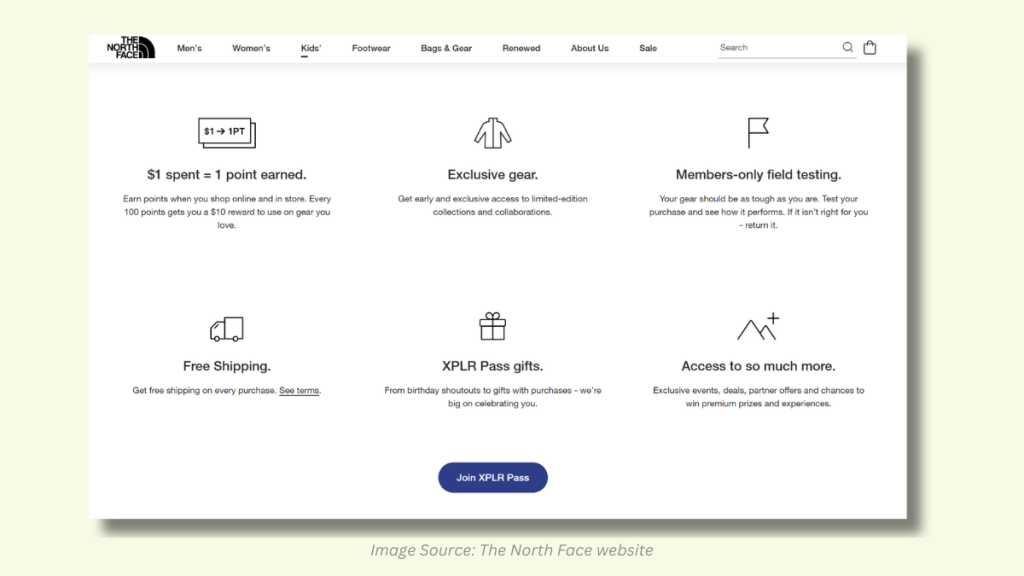 Screenshot of The North Face’s loyalty program benefits, including free shipping, exclusive gear, and XPLR Pass gifts 
