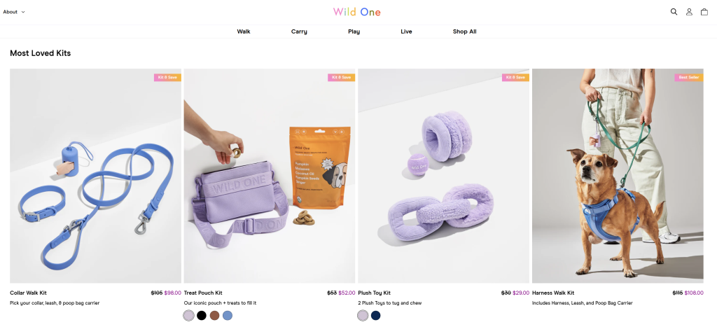 wild-one-website - Advanced Coupons Wild One pet kits including walk accessories, treat pouch, toys, and harness modeled on a dog