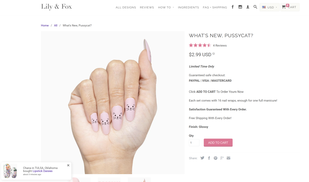 Lily & Fox product page showing a real-time popup notification of a recent customer purchase