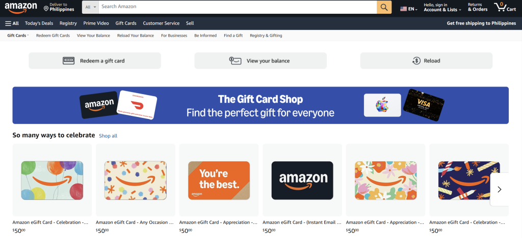 amazon-gift-card-tab-1 - Advanced Coupons Amazon homepage showing “Gift Cards” tab and dedicated Gift Card Shop banner