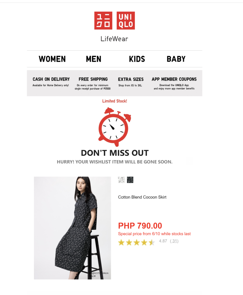 UNIQLO email showing a limited stock alert and discounted item with a sense of urgency 