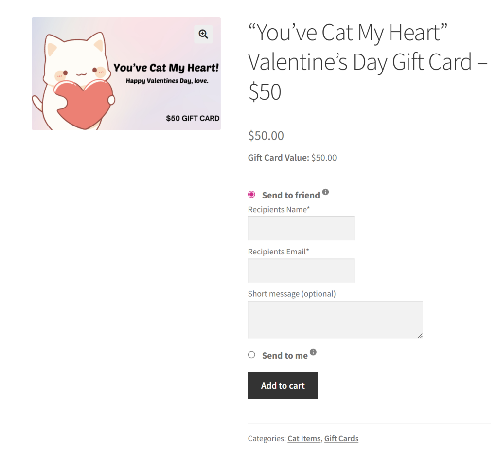 gift-cards-send-to-friend-option - Advanced Coupons WooCommerce gift card product page with fields for recipient’s name, email, and custom message