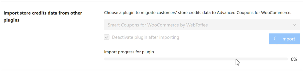 WooCommerce import interface showing dropdown to select third-party plugins and import progress bar