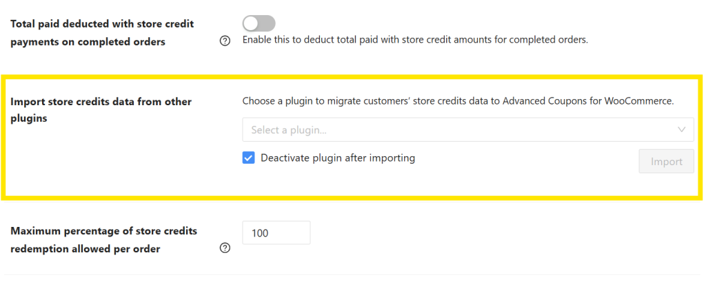 Highlighted section of the Store Credits settings showing the option to import store credits data from other plugins