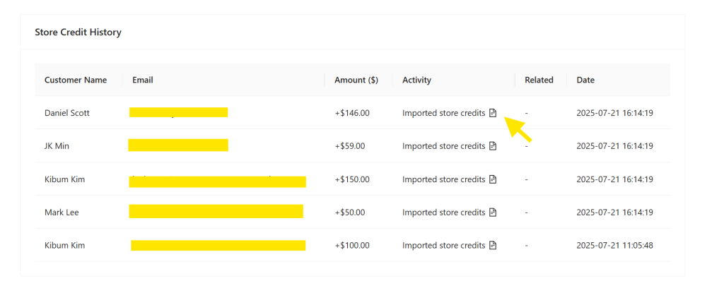 Store Credit History section in Advanced Coupons displaying imported credits for each WooCommerce customer, including activity logs and timestamps 