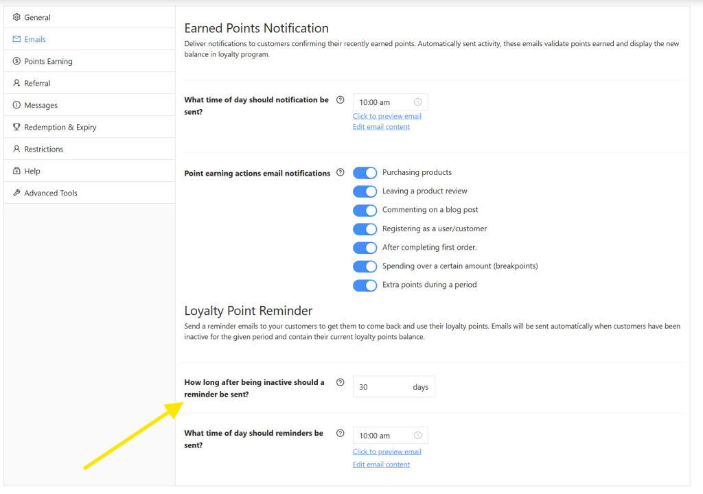 Loyalty program settings screen showing how to enable earned points notifications 