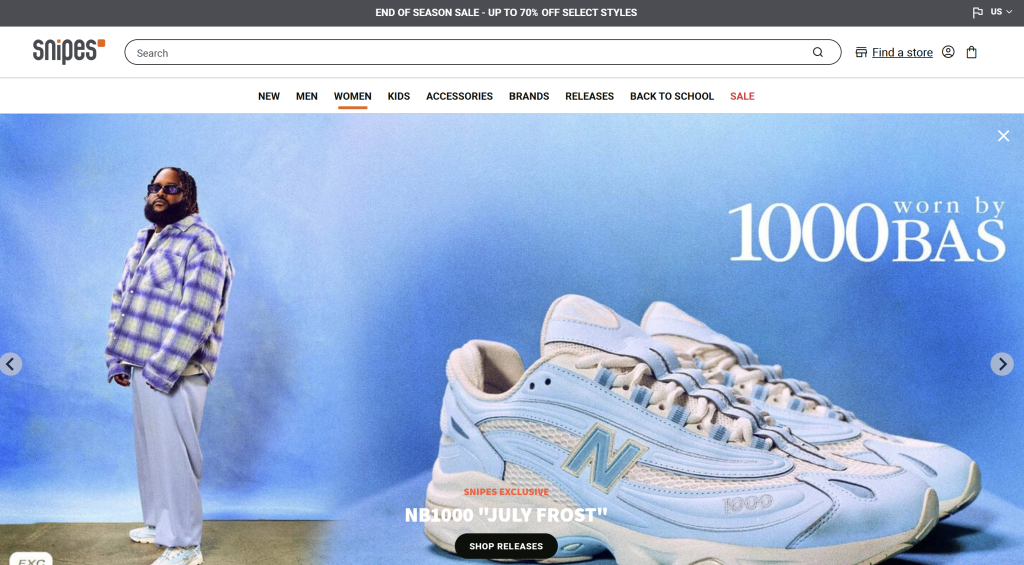 Homepage banner from Snipes featuring a sneaker release and model, used to highlight limited-time promotion