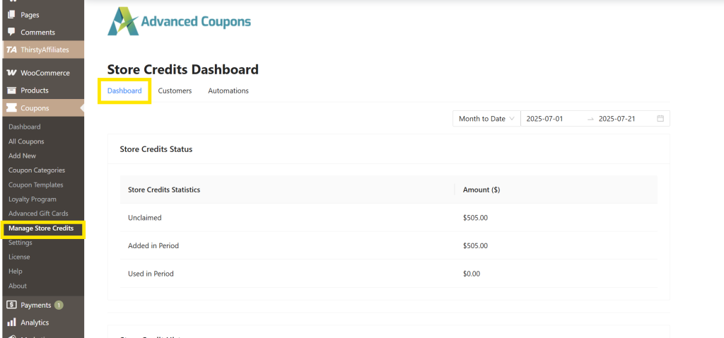 Store Credits dashboard on Advanced Coupons showing total unclaimed, added, and used store credit amounts in WooCommerce 
