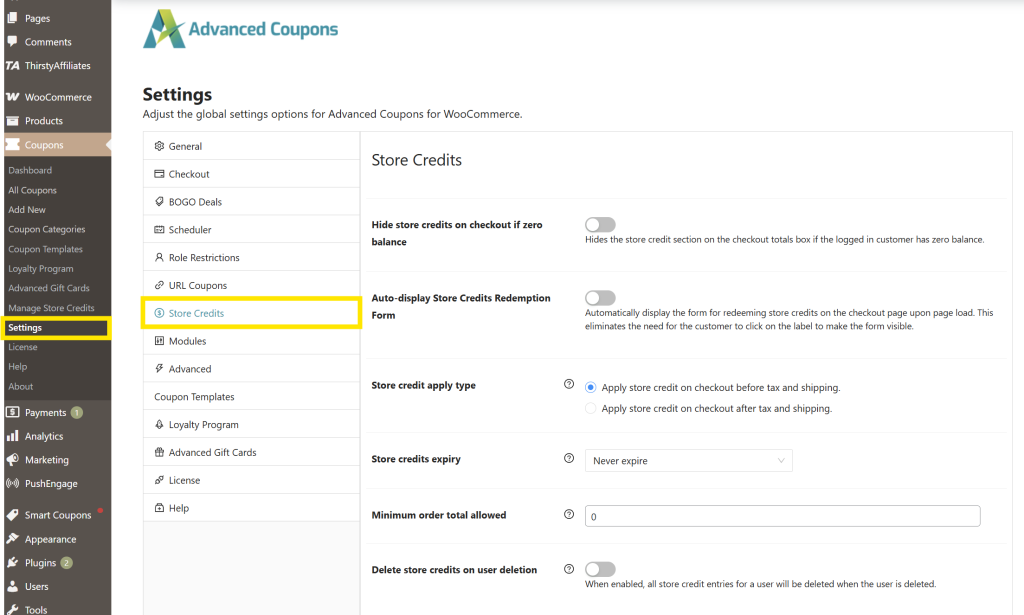 Screenshot of the Advanced Coupons Store Credits settings page in the WordPress dashboard with “Store Credits” highlighted in the menu