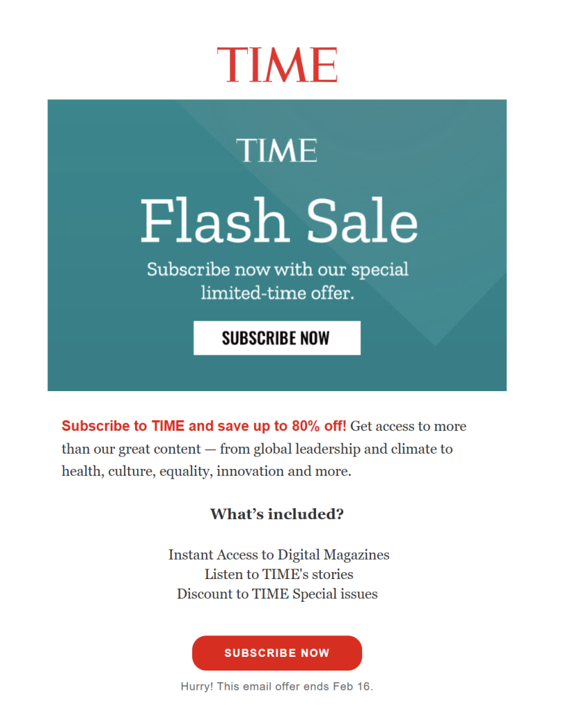 Promotional email from TIME offering an 80% discount with a bold Flash Sale heading, CTA button, and deadline note