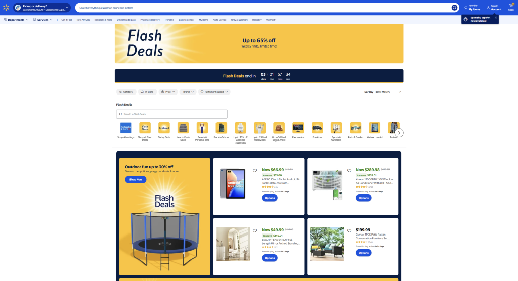 Walmart’s dedicated Flash Deals page with countdown timer, filters, and product highlights under a yellow sale banner 