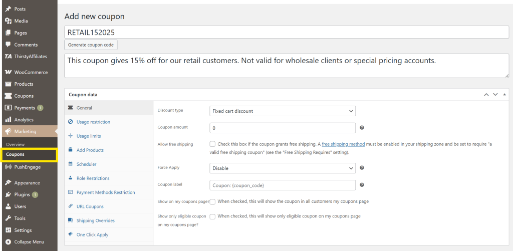 adding-a-new-coupon-woo - Advanced Coupons WooCommerce dashboard screen showing where to add a new coupon under the Marketing tab