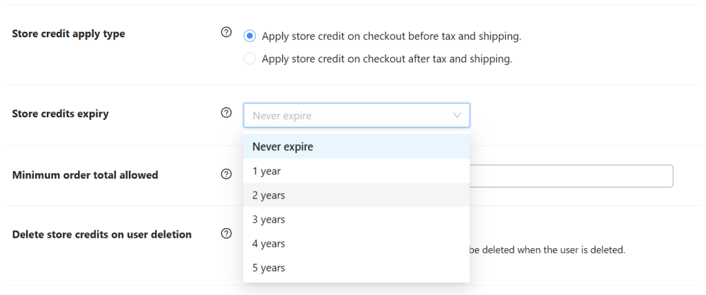 additional-store-credit-settings - Advanced Coupons Dropdown menu for setting store credit expiry options in WooCommerce