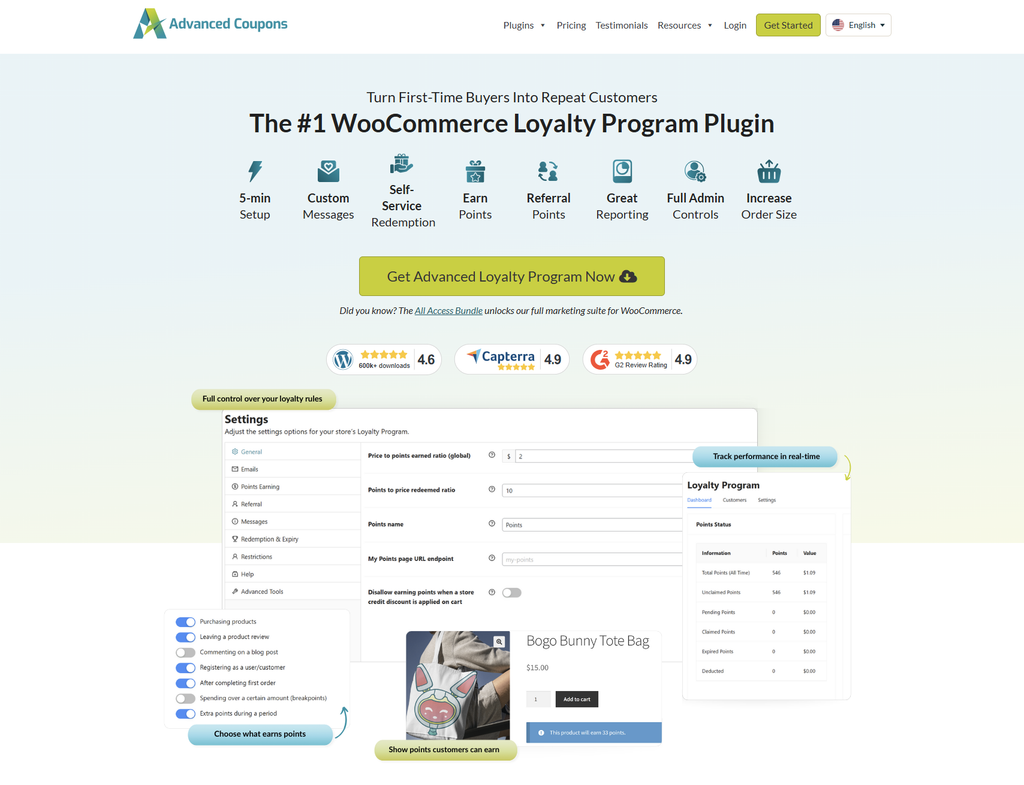 Advanced Loyalty Program landing page with points earning settings, a loyalty points dashboard, and a product page showing the points customers can earn