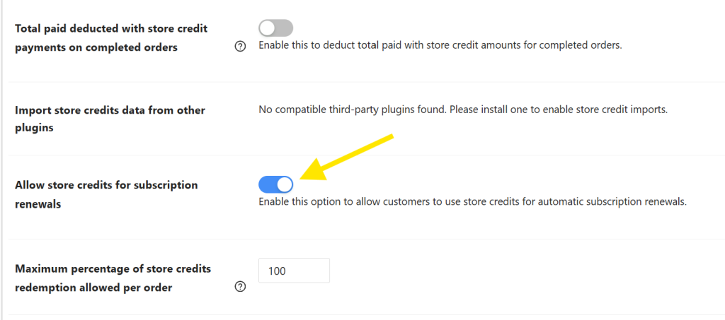 allow-store-credit-for-subscription-renewals - Advanced Coupons Toggle setting enabled for allowing store credits for subscription renewals