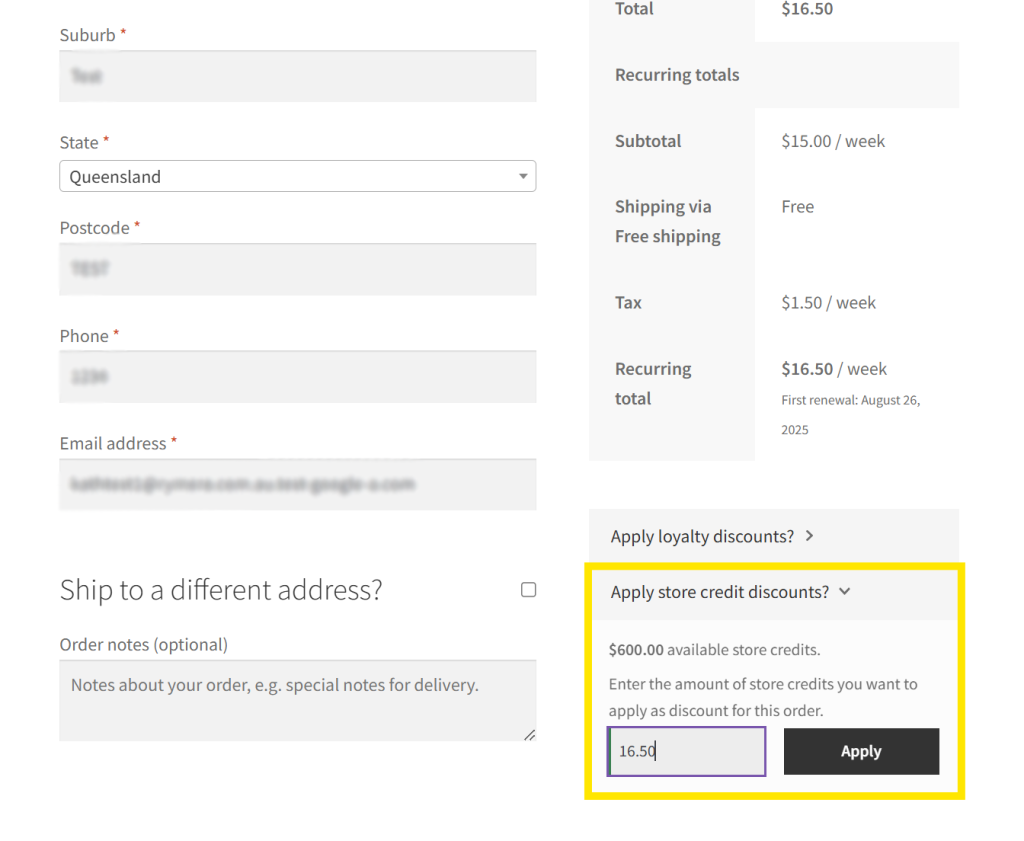applying-store-credits-to-initial-orders - Advanced Coupons WooCommerce checkout page showing store credit balance and input for applying store credits to an order.