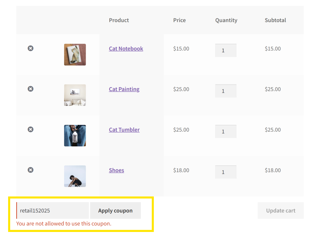 WooCommerce cart screen showing an error message after a disallowed customer tries to apply a coupon code.