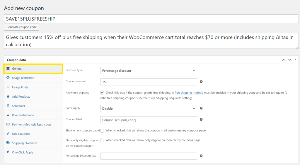 WooCommerce’s coupon creation screen showing fields for coupon code, description, discount type, and amount using the Advanced Coupons plugin 