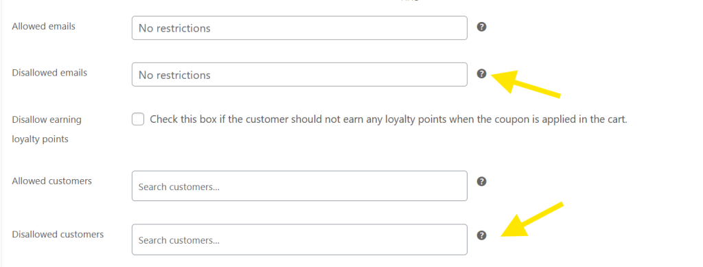 disallowed-customer-fields - Advanced Coupons Advanced Coupons feature settings showing Disallowed Customers and Disallowed Customer Emails input fields in the coupon editor