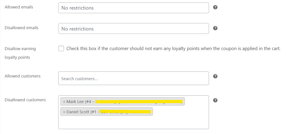 disallowed-customers-sample - Advanced Coupons Sample configuration showing two disallowed customers added to a WooCommerce coupon using Advanced Coupons