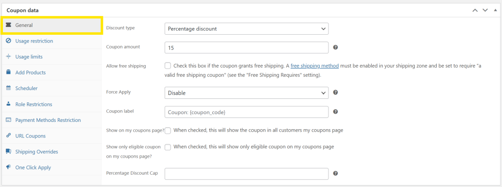 general-coupon-settings - Advanced Coupons General tab in WooCommerce coupon editor showing fields for discount type, amount, and options like free shipping