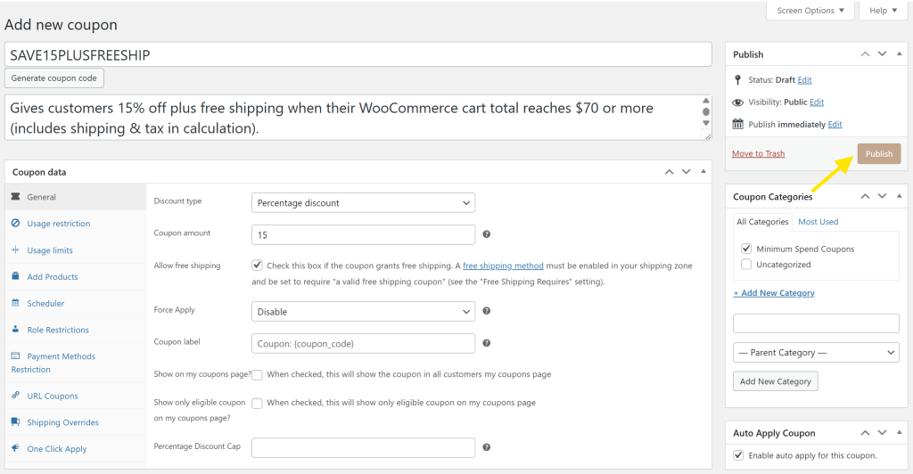 WooCommerce interface showing the Publish panel for a coupon created with Advanced Coupons, ready to go live