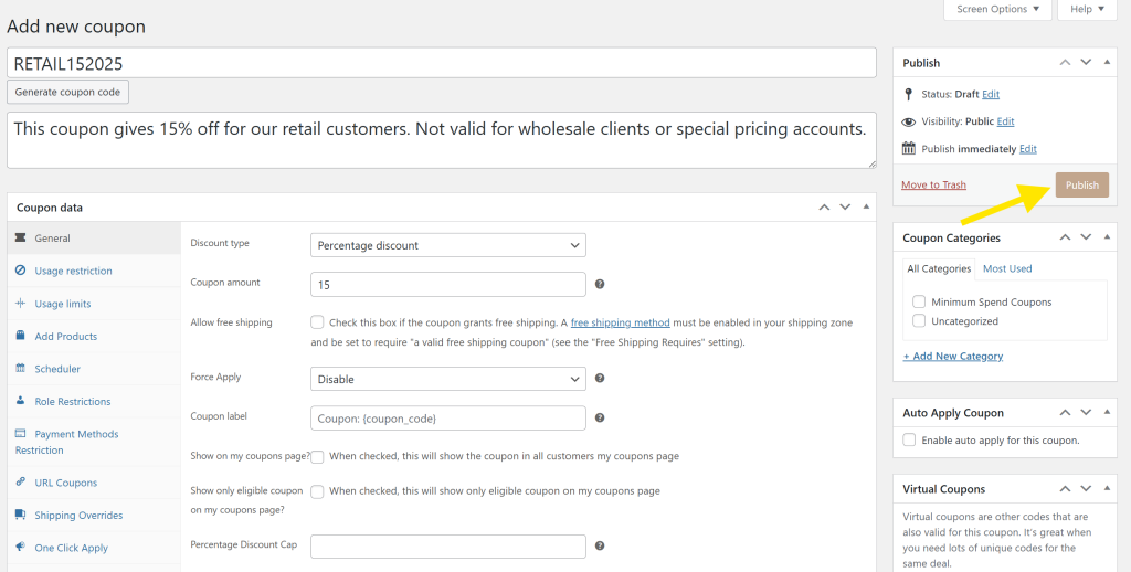 WooCommerce coupon editor showing a 15% discount coupon being set up, with the Publish button highlighted 