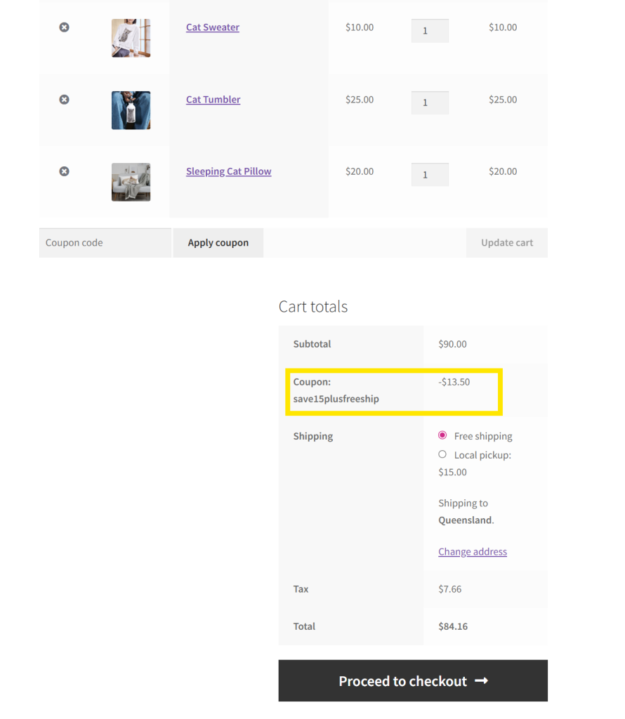 WooCommerce checkout page showing cart total discount