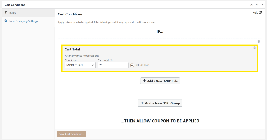 WooCommerce Advanced Coupons settings where the Cart Total condition is set to “More Than” $70 with the include tax option available 