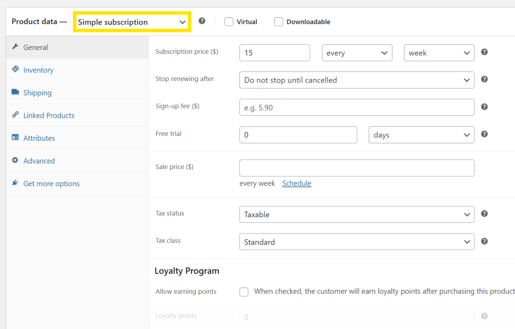 setting-subscription-product-settings-0 - Advanced Coupons WooCommerce product editor showing the setup for a subscription product named Pawfect Portions